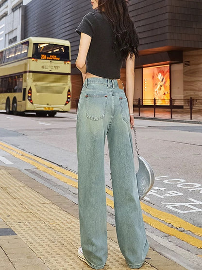 Hong Kong style high waist straight wide leg jeans women's loose drape 2025 spring new versatile mopping pants trousers