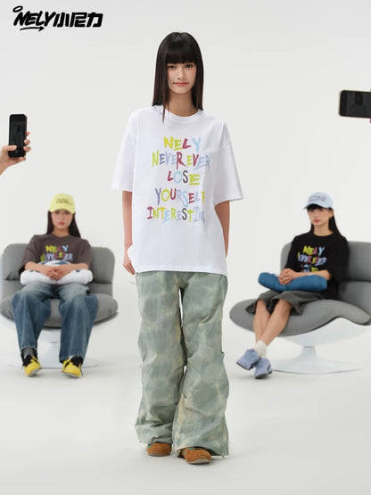 NELY American retro color letter print short-sleeved T-shirt for men and women summer casual loose trendy tops