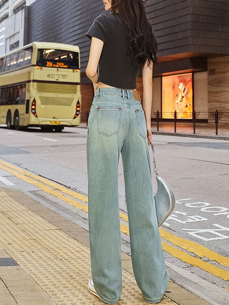 2025 Spring New Nostalgic Hong Kong Style High Waist Straight Leg Wide Leg Jeans Women's Slimming Feeling All-match Floor-Mopping Pants