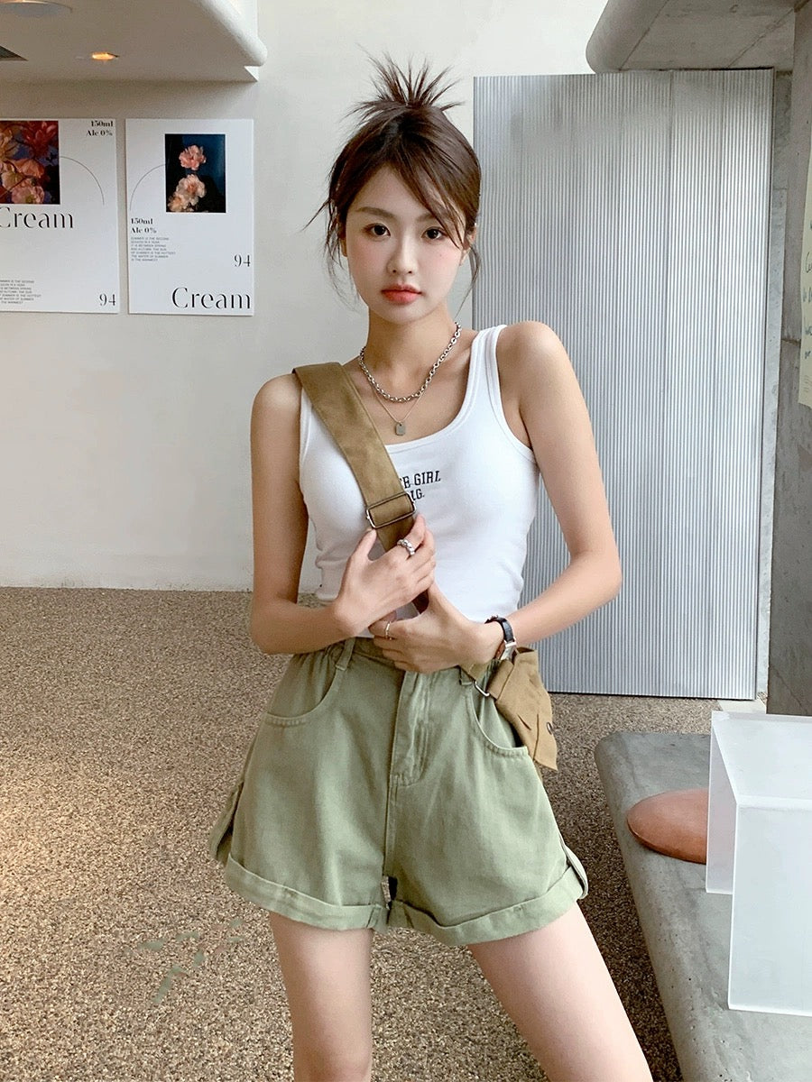 Blin's green denim shorts for women 2024 summer new style high-waisted loose slimming curled a-line flesh-covering wide-leg pants