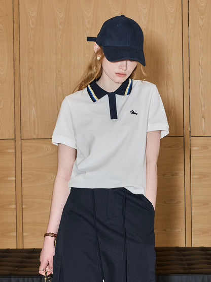 Kuhnmavie Chic Color Block Short-Sleeve T-Shirt Women's 2026 Summer New Embroidered Commuter Versatile Polo Shirt