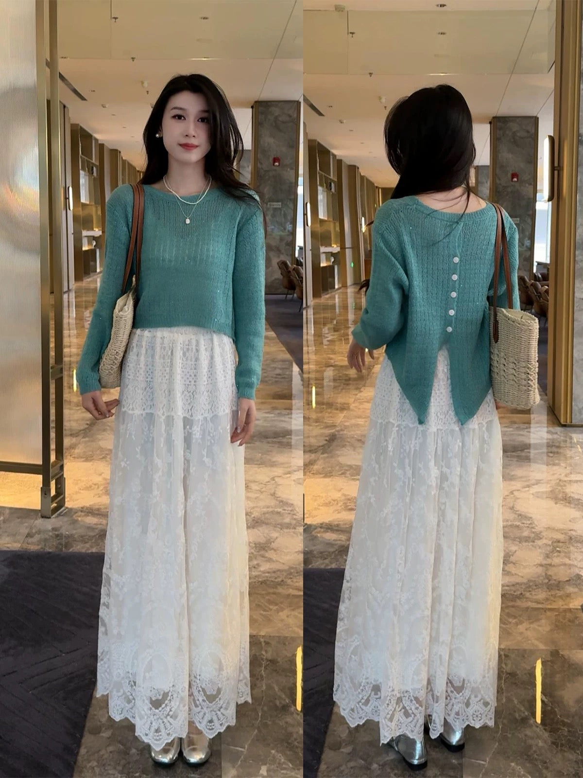 Back button design shiny silk long-sleeved blouse top lace skirt two-piece suit women's early spring new suit