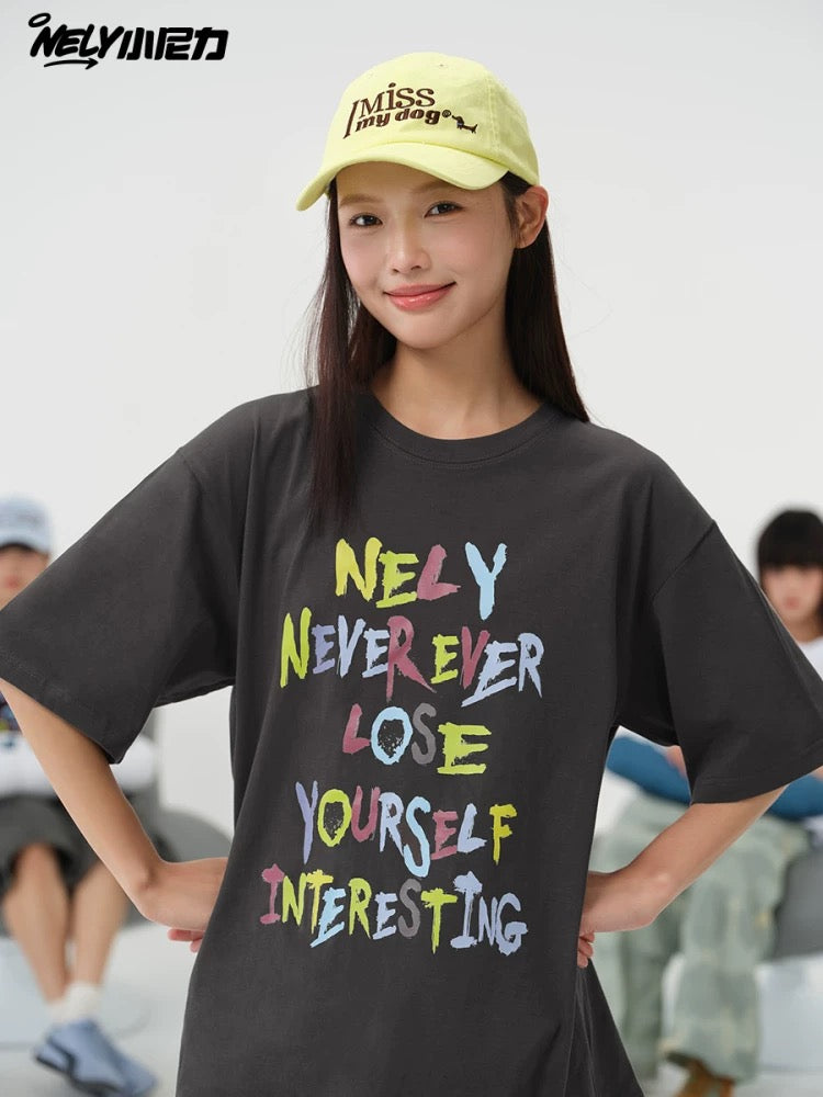 NELY American retro color letter print short-sleeved T-shirt for men and women summer casual loose trendy tops