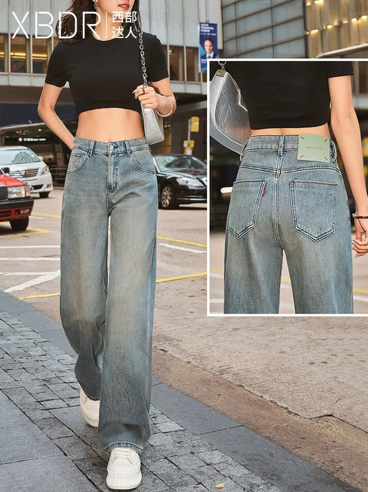 2025 Spring New Nostalgic Hong Kong Style High Waist Straight Leg Wide Leg Jeans Women's Slimming Feeling All-match Floor-Mopping Pants