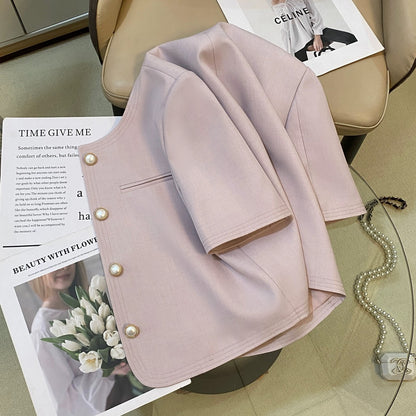 Pink small fragrance style suit jacket for women 2024 summer new style pearl button design high-end luxury top for ladies