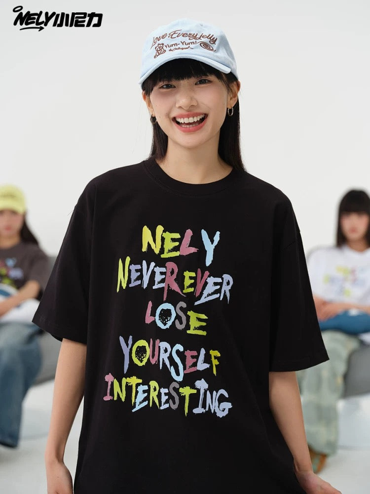 NELY American retro color letter print short-sleeved T-shirt for men and women summer casual loose trendy tops