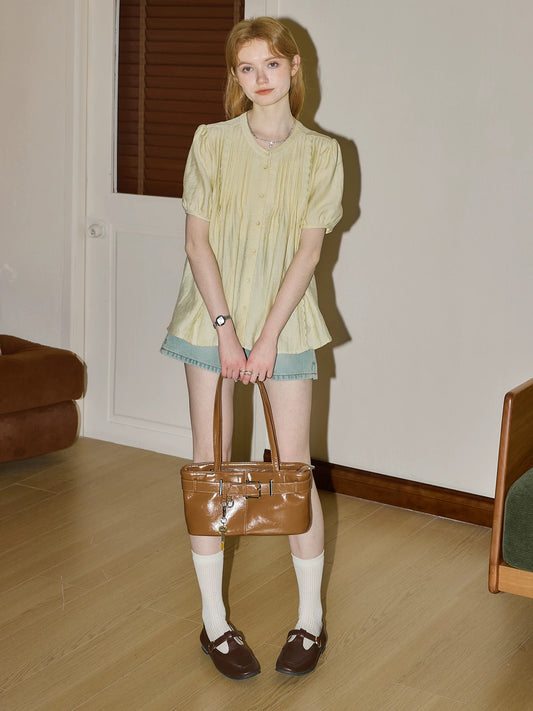 Kuhnmavie First Love Sensation Pale Yellow Short-Sleeve Shirt Women's 2026 Early Spring New Arrival Versatile Age-Reducing Loose Shirt