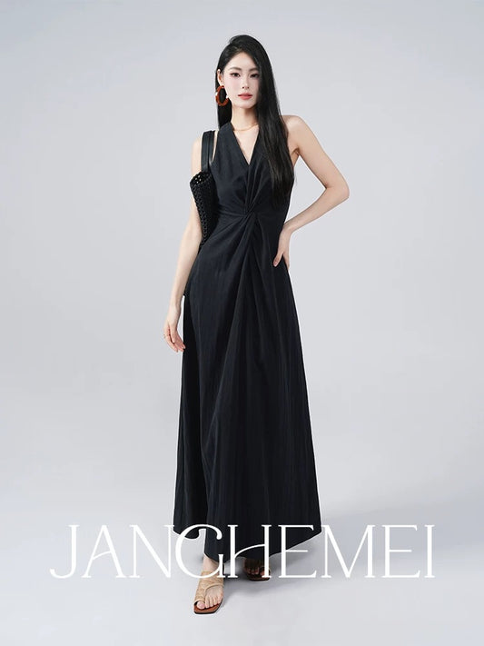 JANGHEMEI [Ribbed Front Twist Dress] Summer Mid-Length Waist Design Elegant Skirt for Women