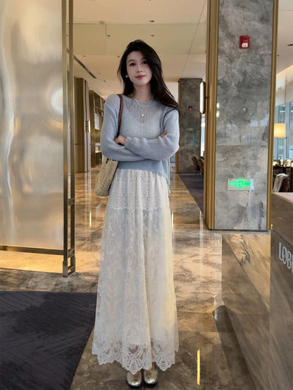 Back button design shiny silk long-sleeved blouse top lace skirt two-piece suit women's early spring new suit