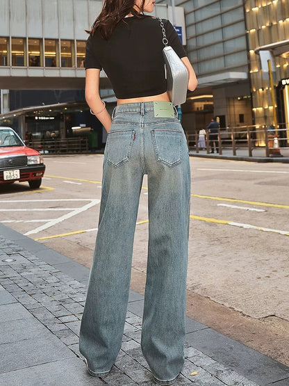 2025 Spring New Nostalgic Hong Kong Style High Waist Straight Leg Wide Leg Jeans Women's Slimming Feeling All-match Floor-Mopping Pants
