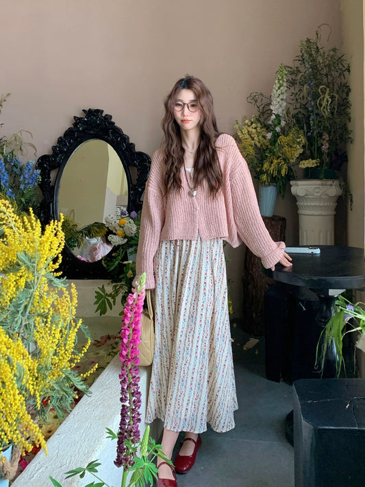 Berry Like You and Huan Big Customized Beige High Waist Floral Skirt Women's Slim and Versatile A-Line Long Skirt