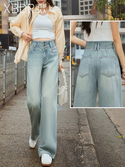 2025 Spring New Hong Kong Style High Waist Straight Wide Leg Jeans Women's Loose Drape Buttoned All-match Floor-Mopping Trousers
