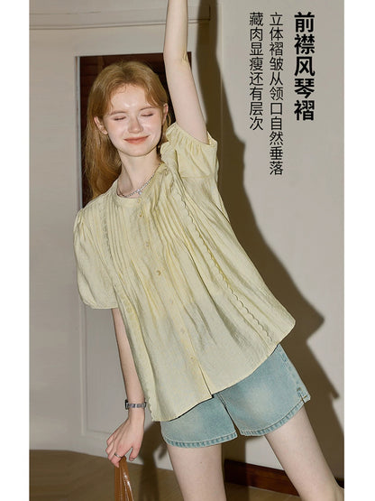 Kuhnmavie First Love Sensation Pale Yellow Short-Sleeve Shirt Women's 2026 Early Spring New Arrival Versatile Age-Reducing Loose Shirt