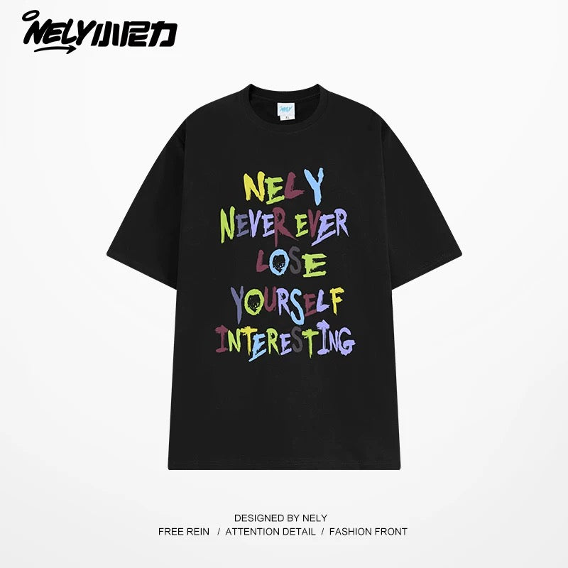 NELY American retro color letter print short-sleeved T-shirt for men and women summer casual loose trendy tops