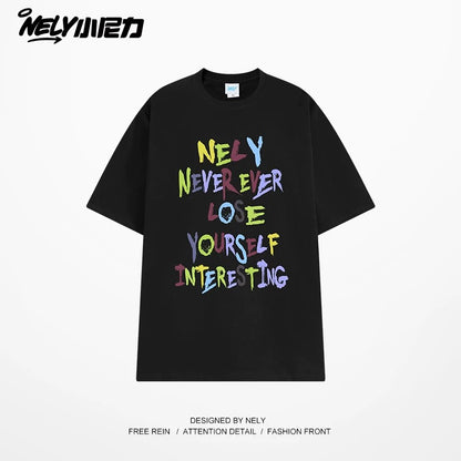 NELY American retro color letter print short-sleeved T-shirt for men and women summer casual loose trendy tops