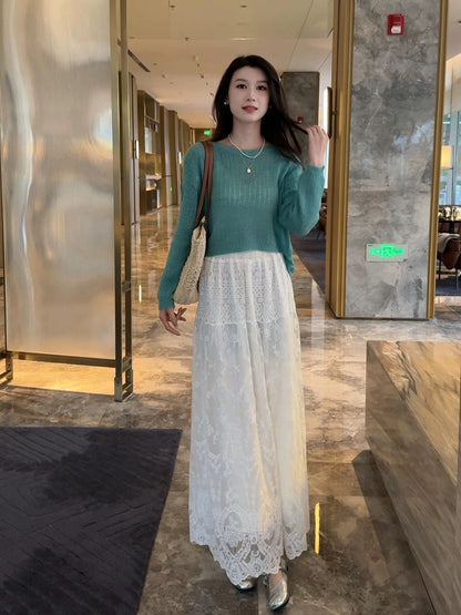 Back button design shiny silk long-sleeved blouse top lace skirt two-piece suit women's early spring new suit