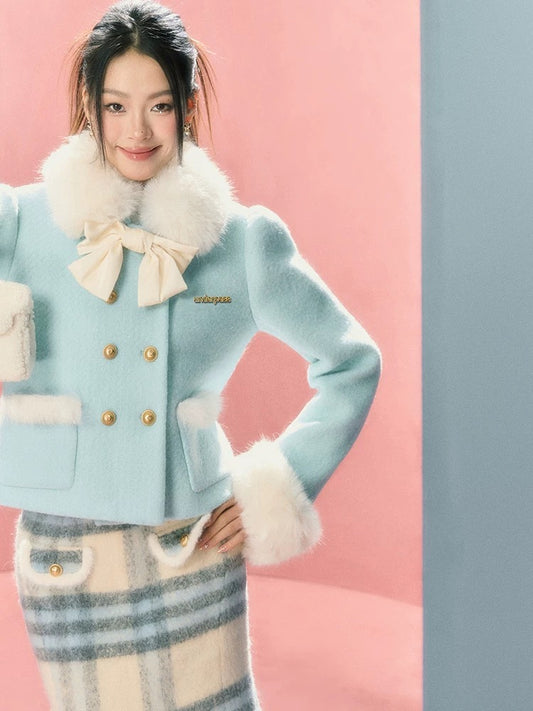 underpass original daughter-in-law fur collar blue double-breasted top coat contrasting plaid long skirt suit