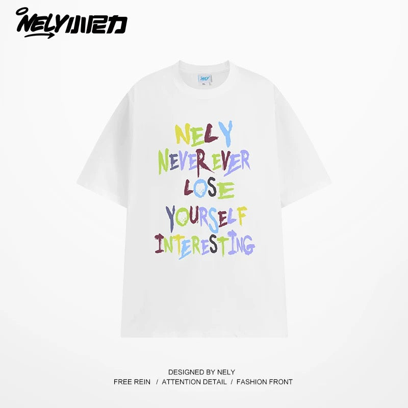 NELY American retro color letter print short-sleeved T-shirt for men and women summer casual loose trendy tops