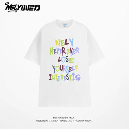 NELY American retro color letter print short-sleeved T-shirt for men and women summer casual loose trendy tops