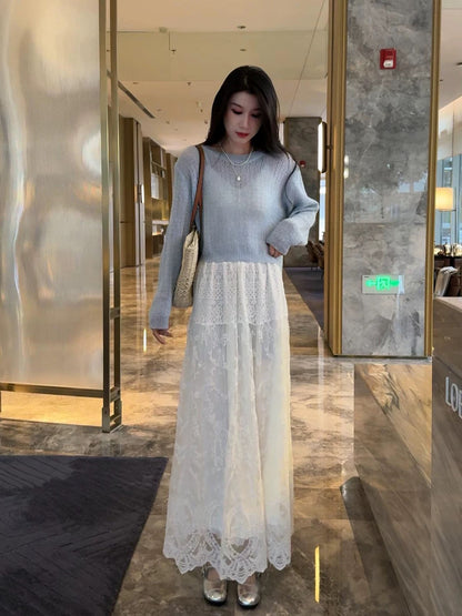 Back button design shiny silk long-sleeved blouse top lace skirt two-piece suit women's early spring new suit