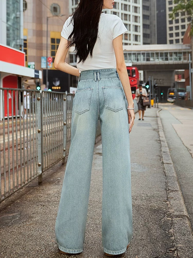 2025 Spring New Hong Kong Style High Waist Straight Wide Leg Jeans Women's Loose Drape Buttoned All-match Floor-Mopping Trousers