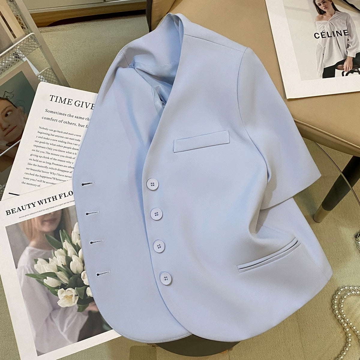 Blue small fragrant style suit jacket for women 2024 summer new Korean fashion casual goddess style slim small suit