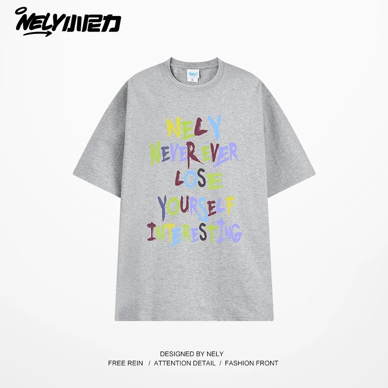 NELY American retro color letter print short-sleeved T-shirt for men and women summer casual loose trendy tops