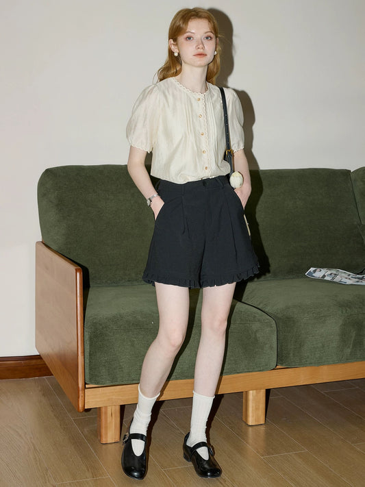 Kuhnmavie French-style apricot short-sleeved shirt for women, 2026 early spring new style, elegant lyocell blouse.