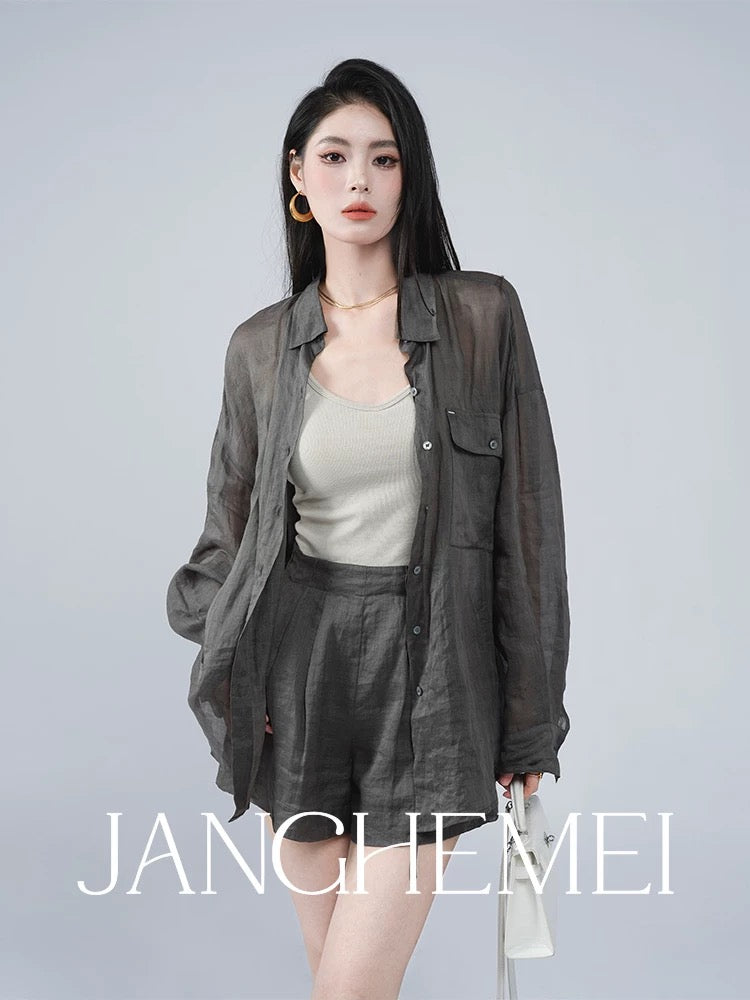 JANGHEMEI [Ma Yi Ru Xue] Summer Ramie Loose Shirt + Wide Leg Drawstring Shorts Two-piece Suit for Women