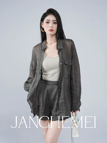 JANGHEMEI [Ma Yi Ru Xue] Summer Ramie Loose Shirt + Wide Leg Drawstring Shorts Two-piece Suit for Women