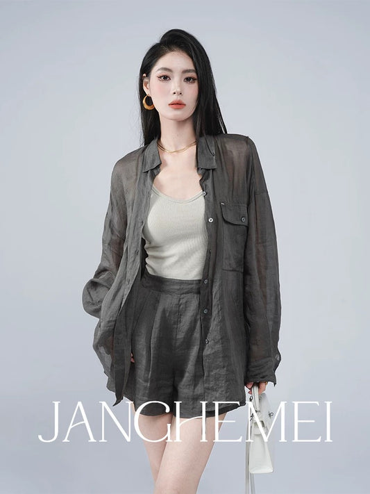 JANGHEMEI [Ma Yi Ru Xue] Summer Ramie Loose Shirt + Wide Leg Drawstring Shorts Two-piece Suit for Women