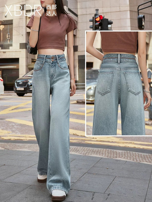 2025 Spring New Light Blue High Waist Slimming Loose Wide Leg Jeans Women's Straight Leg Versatile Drape Trousers