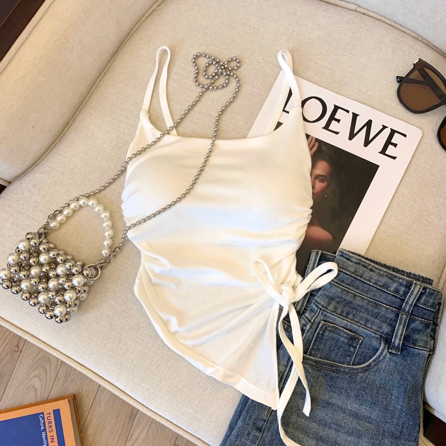 Camisole vest for women 2025 new autumn and summer sweet hot girl drawstring short irregular outer wear with chest pad beautiful back top