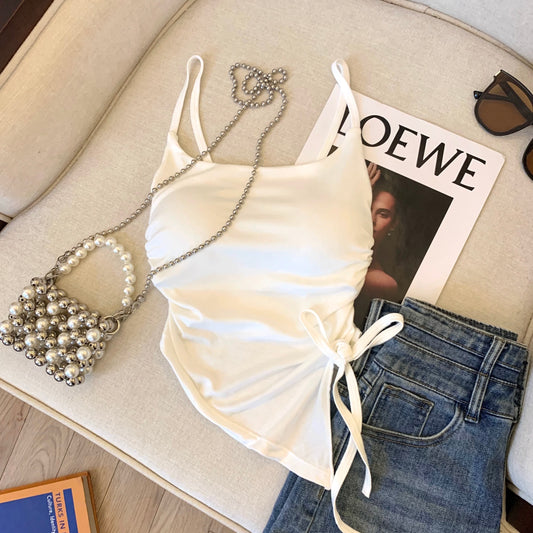 Camisole vest for women 2025 new autumn and summer sweet hot girl drawstring short irregular outer wear with chest pad beautiful back top