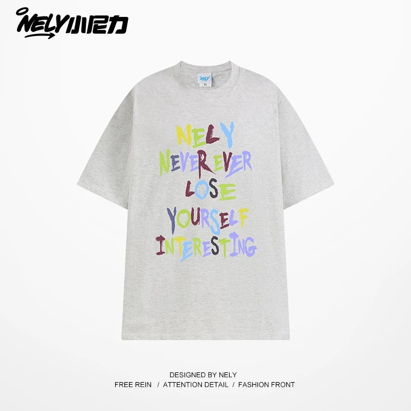 NELY American retro color letter print short-sleeved T-shirt for men and women summer casual loose trendy tops