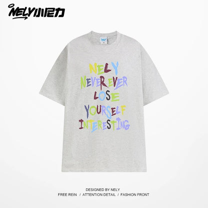NELY American retro color letter print short-sleeved T-shirt for men and women summer casual loose trendy tops