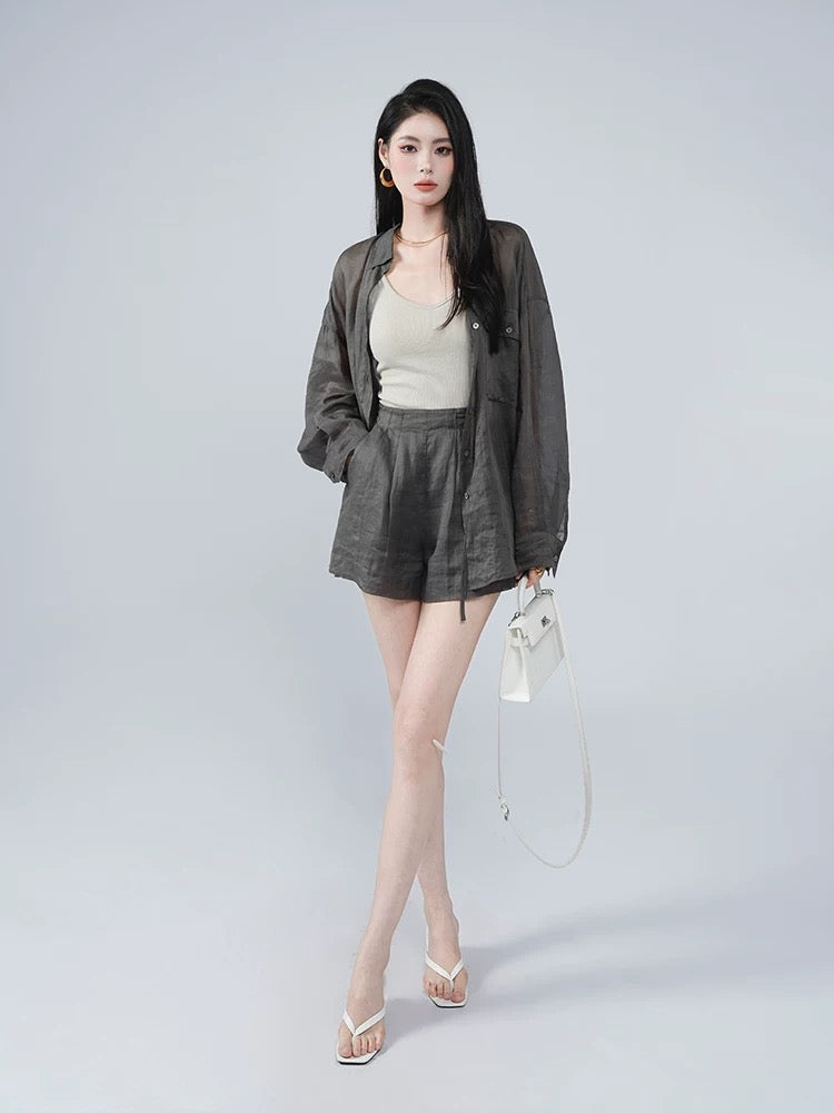 JANGHEMEI [Ma Yi Ru Xue] Summer Ramie Loose Shirt + Wide Leg Drawstring Shorts Two-piece Suit for Women