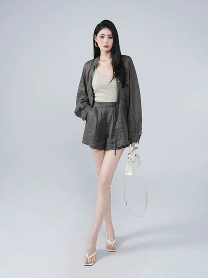 JANGHEMEI [Ma Yi Ru Xue] Summer Ramie Loose Shirt + Wide Leg Drawstring Shorts Two-piece Suit for Women