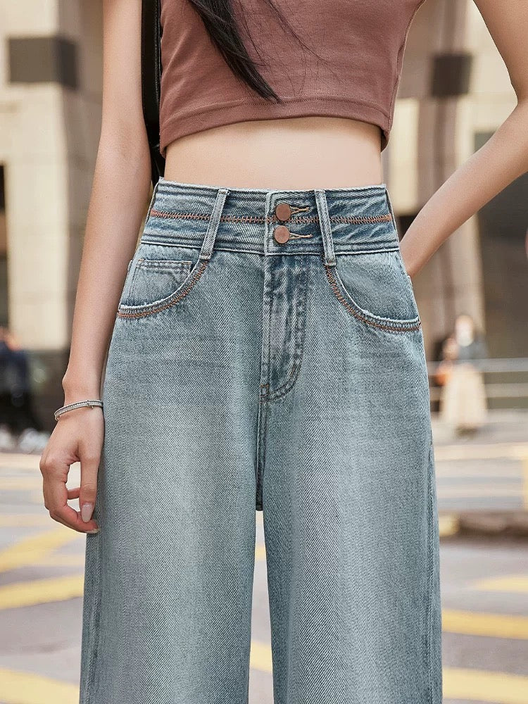 2025 Spring New Light Blue High Waist Slimming Loose Wide Leg Jeans Women's Straight Leg Versatile Drape Trousers
