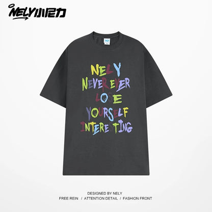 NELY American retro color letter print short-sleeved T-shirt for men and women summer casual loose trendy tops