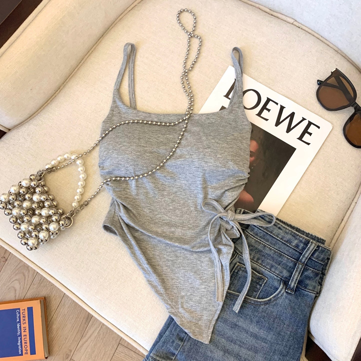 Camisole vest for women 2025 new autumn and summer sweet hot girl drawstring short irregular outer wear with chest pad beautiful back top