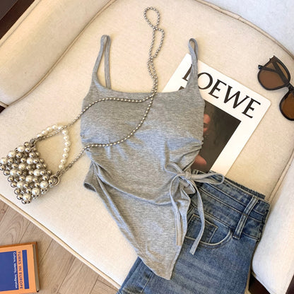 Camisole vest for women 2025 new autumn and summer sweet hot girl drawstring short irregular outer wear with chest pad beautiful back top