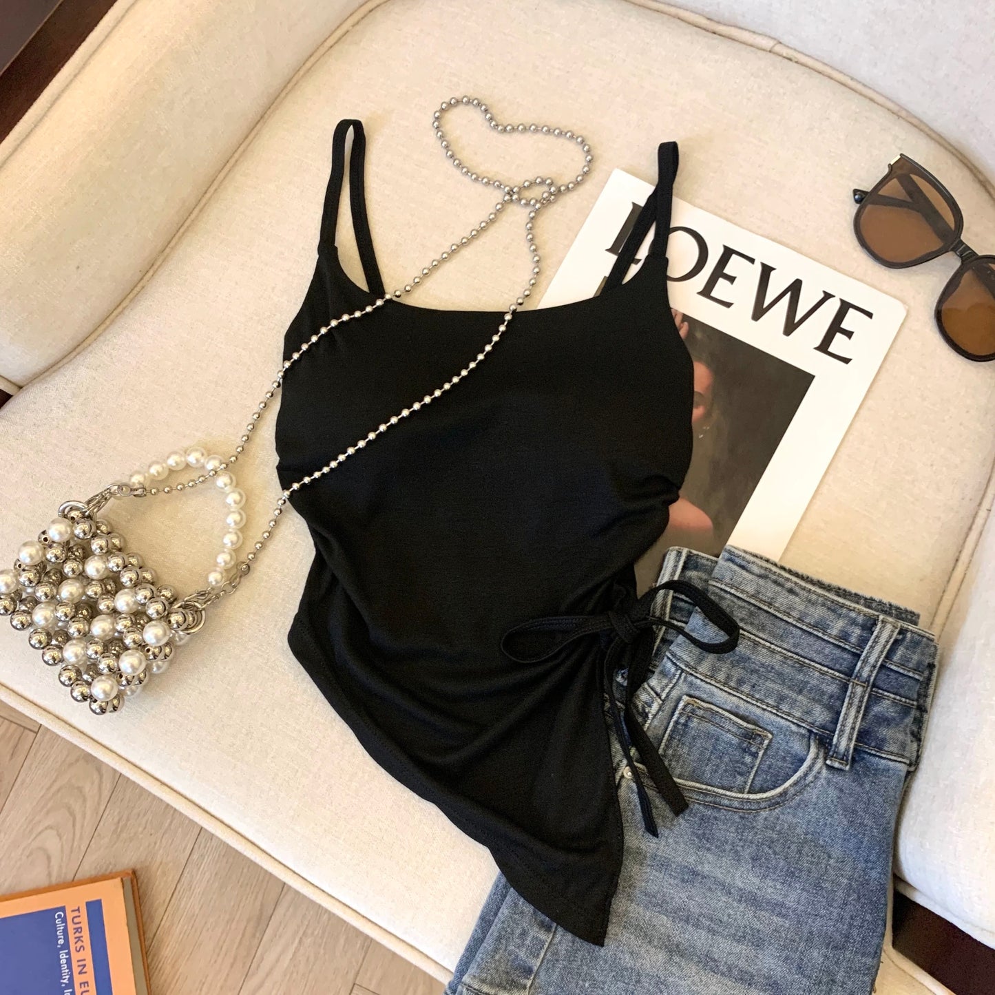 Camisole vest for women 2025 new autumn and summer sweet hot girl drawstring short irregular outer wear with chest pad beautiful back top