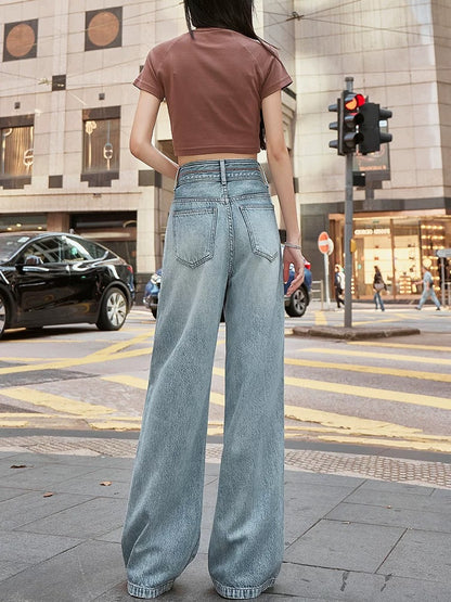 2025 Spring New Light Blue High Waist Slimming Loose Wide Leg Jeans Women's Straight Leg Versatile Drape Trousers