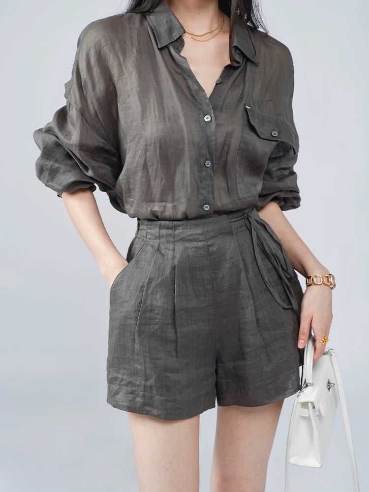 JANGHEMEI [Ma Yi Ru Xue] Summer Ramie Loose Shirt + Wide Leg Drawstring Shorts Two-piece Suit for Women