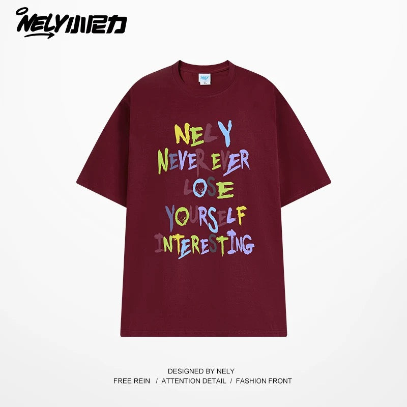 NELY American retro color letter print short-sleeved T-shirt for men and women summer casual loose trendy tops