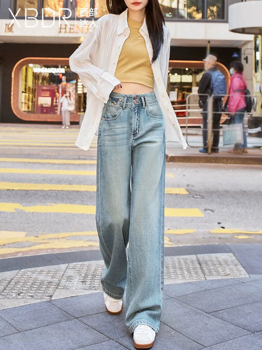 2025 Spring New Retro Blue High Waist Wide Leg Straight Jeans Women's Drape Slimming Double Button Design Trousers