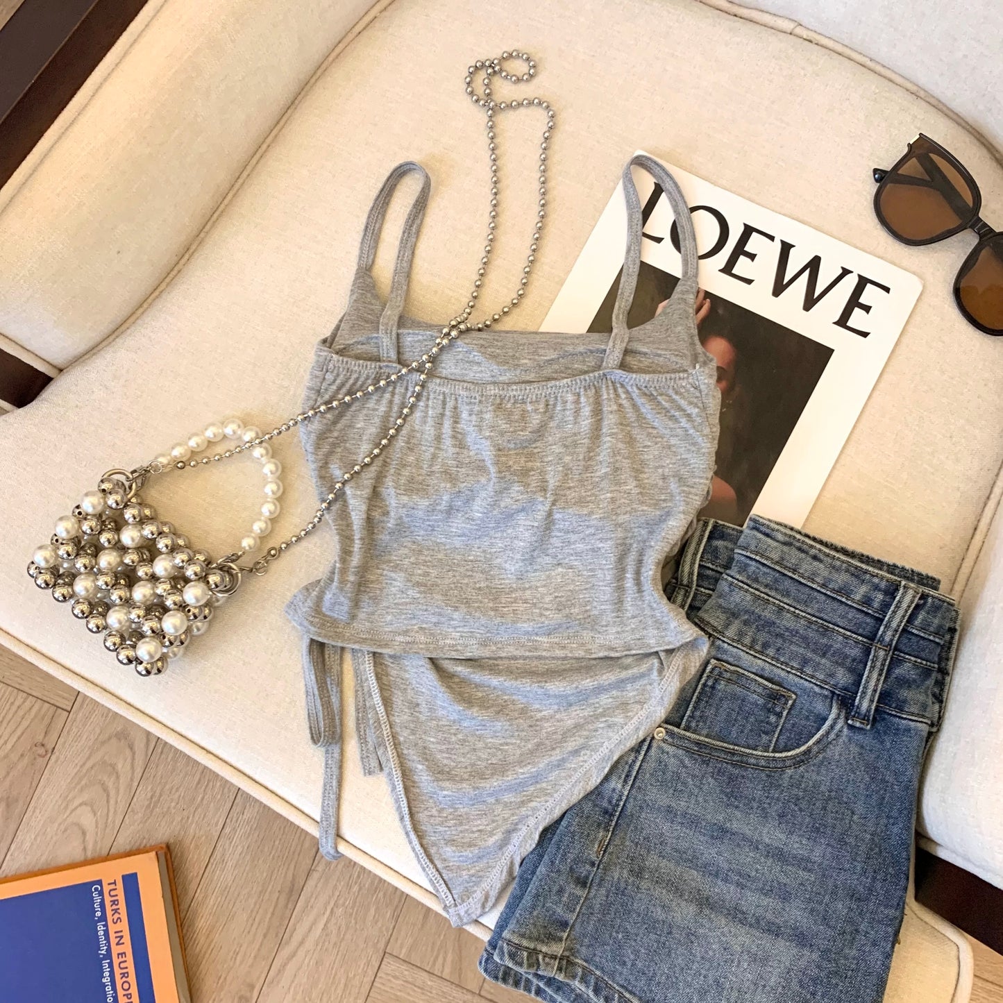 Camisole vest for women 2025 new autumn and summer sweet hot girl drawstring short irregular outer wear with chest pad beautiful back top
