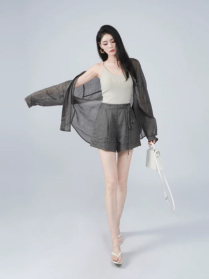 JANGHEMEI [Ma Yi Ru Xue] Summer Ramie Loose Shirt + Wide Leg Drawstring Shorts Two-piece Suit for Women