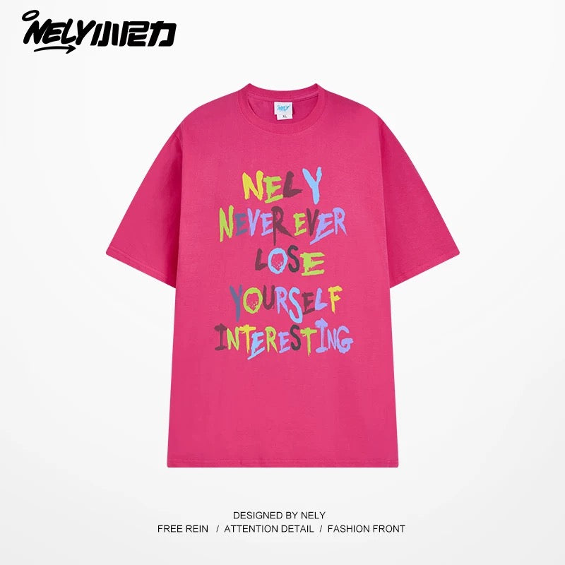 NELY American retro color letter print short-sleeved T-shirt for men and women summer casual loose trendy tops